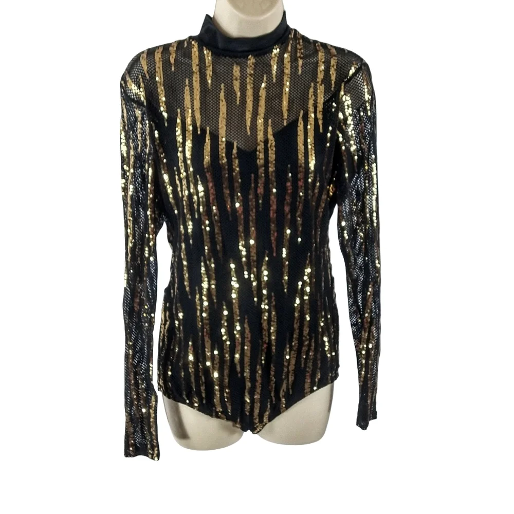 Kelle Black and Gold Sequin Leotard Dance Costume